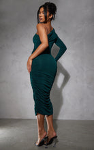 Load image into Gallery viewer, Pretty Little Thing: Emerald Green Slinky One Shoulder Ruched Longline Midi Dress
