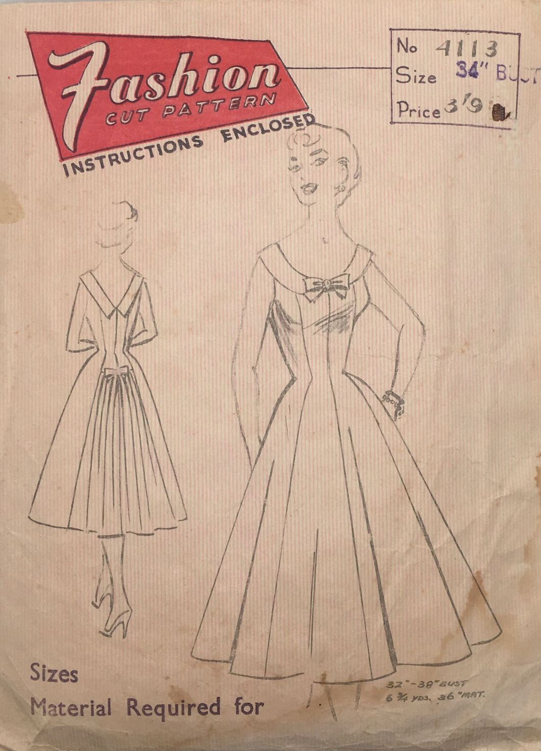 1950's Vintage Sewing Pattern: Fashion Cut 4113