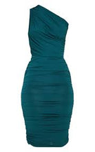 Load image into Gallery viewer, Pretty Little Thing: Emerald Green Slinky One Shoulder Ruched Longline Midi Dress
