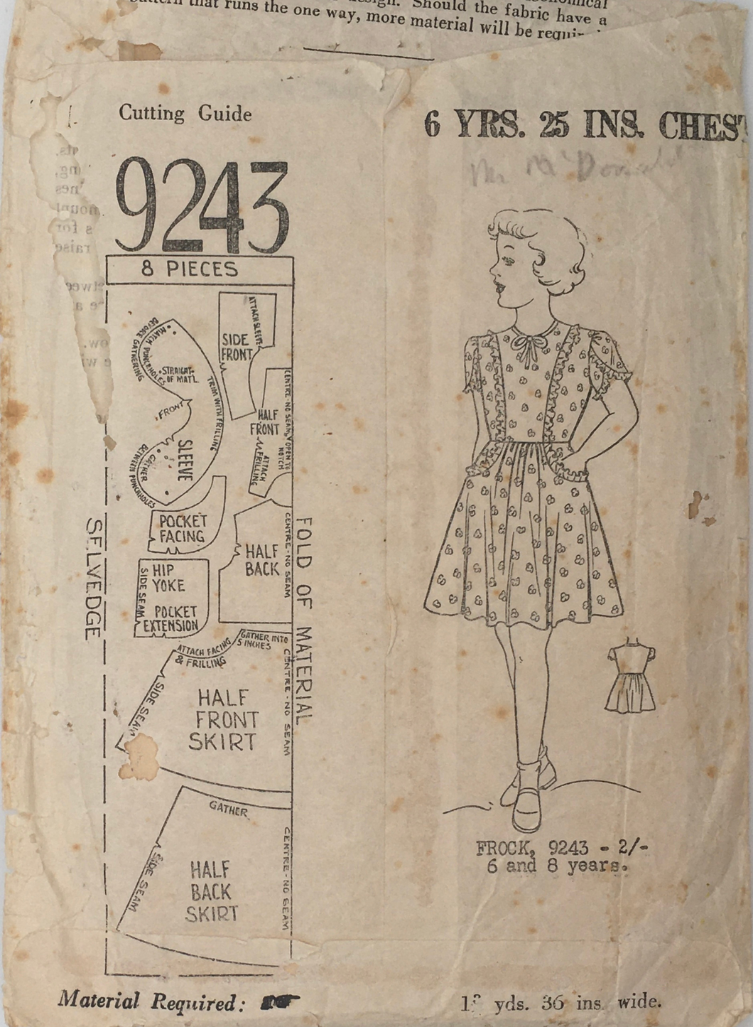 1940's Vintage Sewing Pattern: AHJ 9243