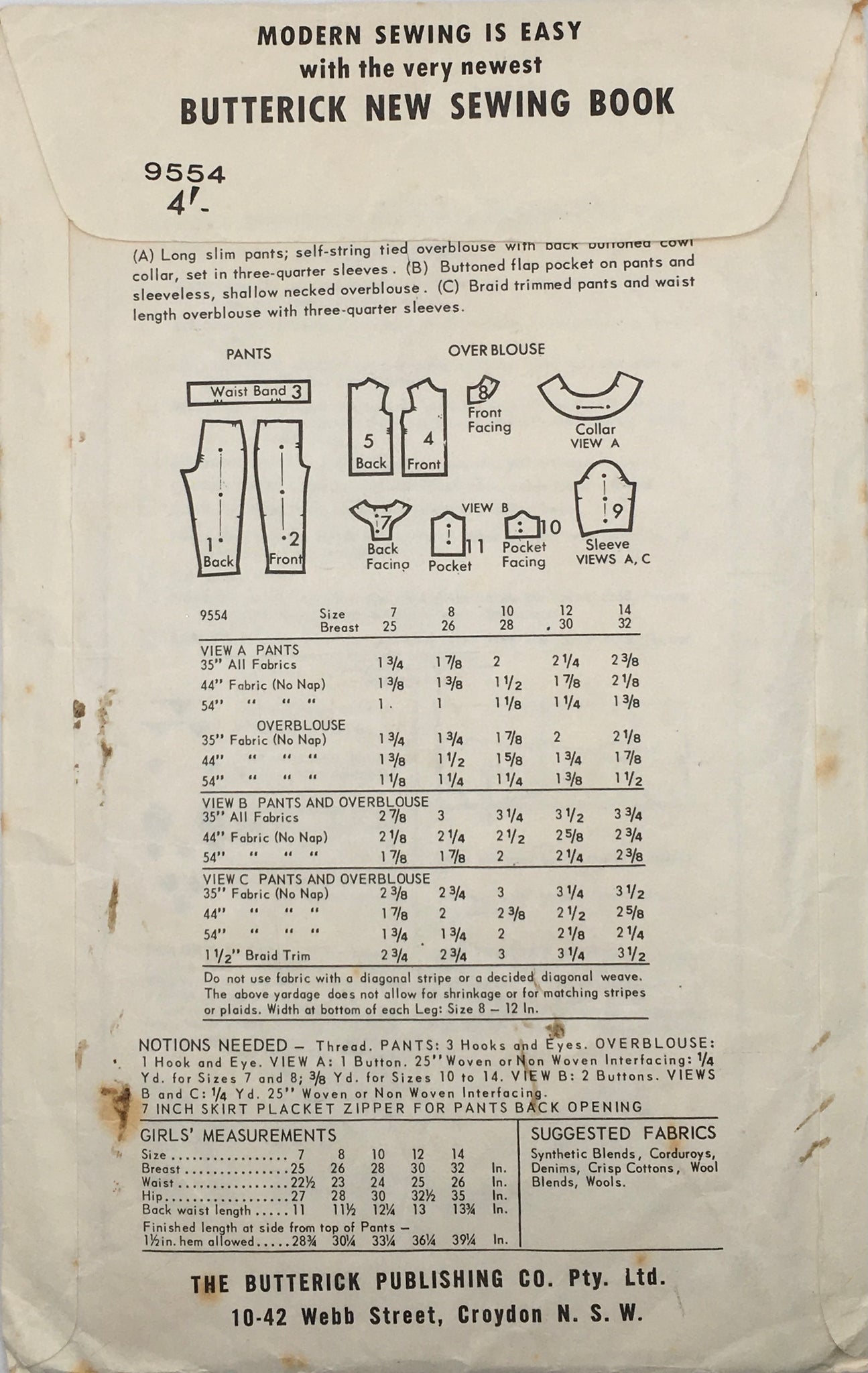 1960's Vintage Sewing Pattern: Butterick 9554 – Vintage Stitch Australia