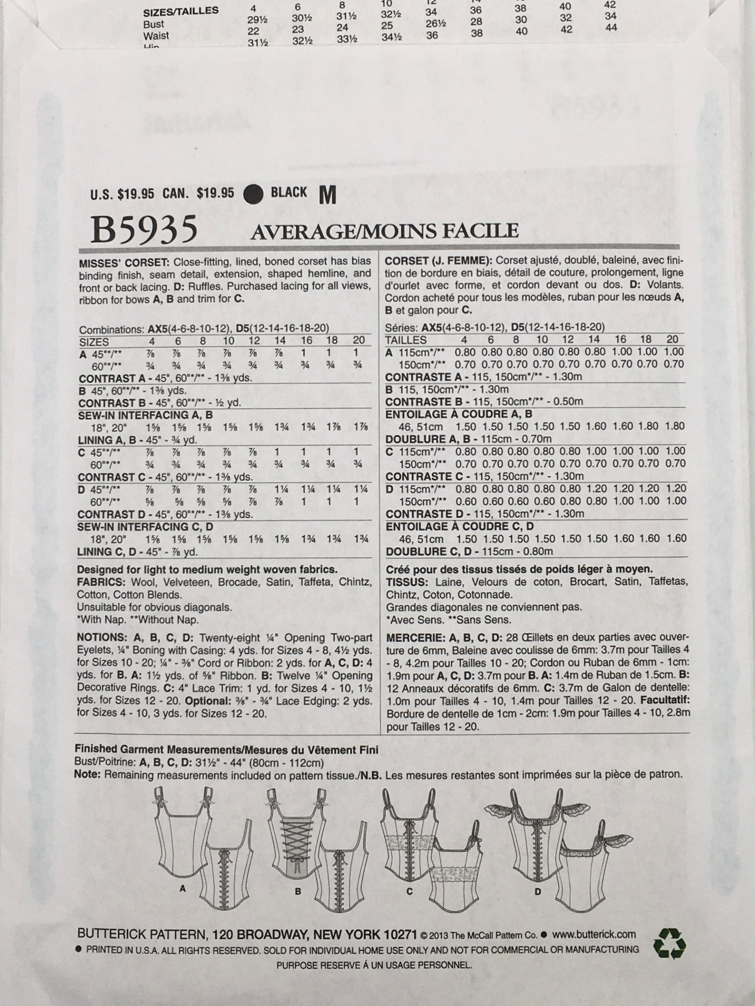 Butterick Sewing Pattern B5662 Misses' Corsets White