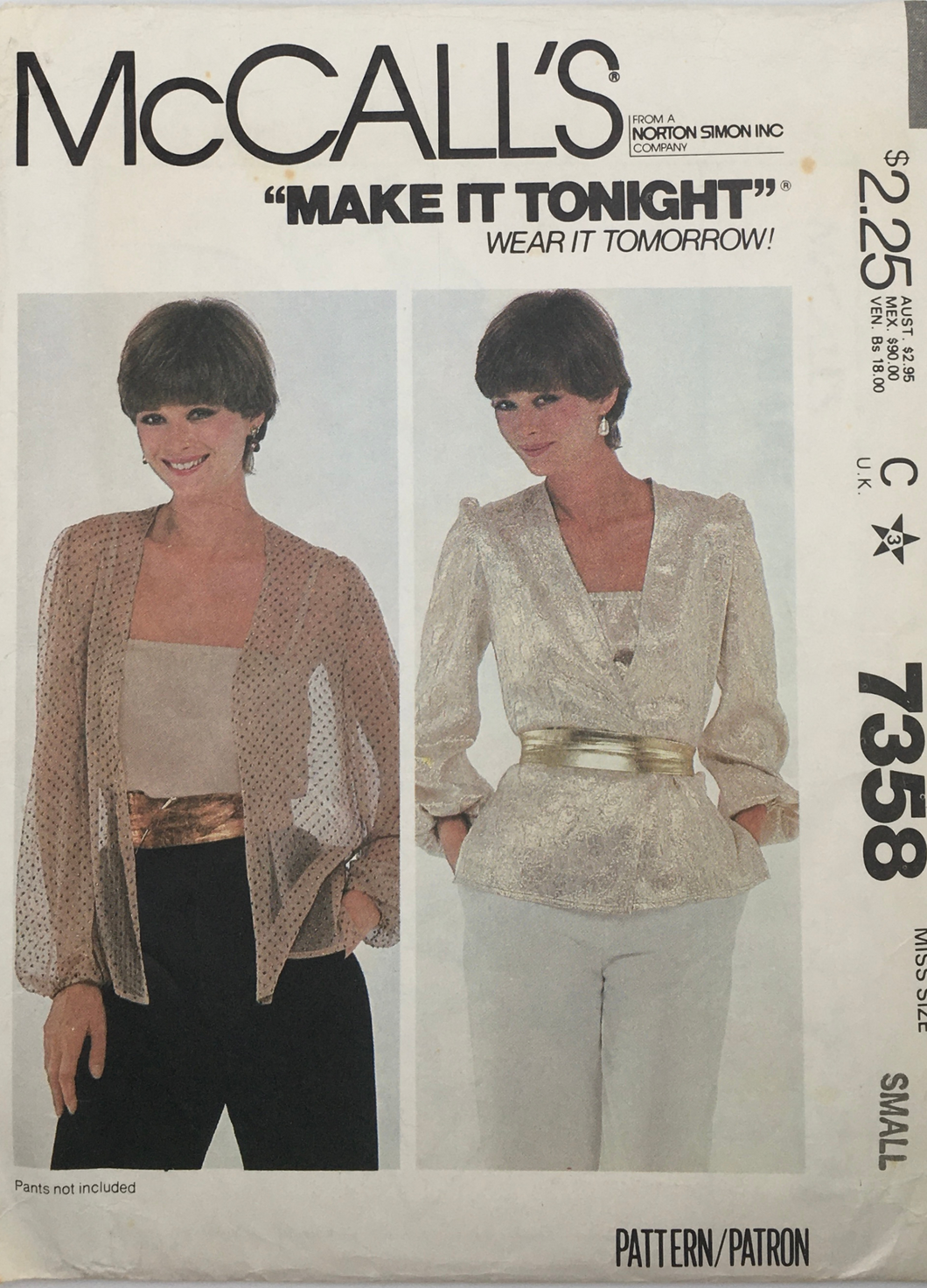 1980 Vintage Sewing Pattern: McCalls 7358